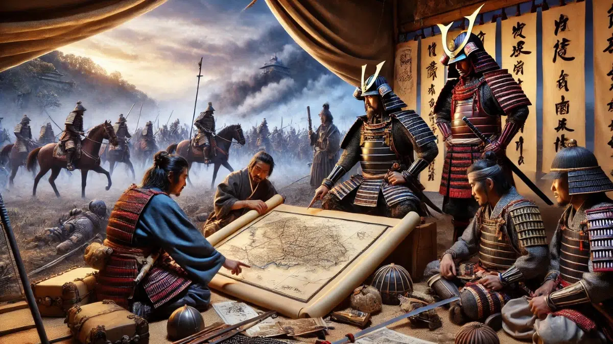scene depicting Oda Nobunaga planning and leading his army during the Sengoku period. The setting shows Nobunaga in traditional samurai armour with a kabuto helmet, surrounded by his generals, studying a map under a traditional tent. In the background, the dramatic aftermath of the Battle of Okehazama in 1560 unfolds