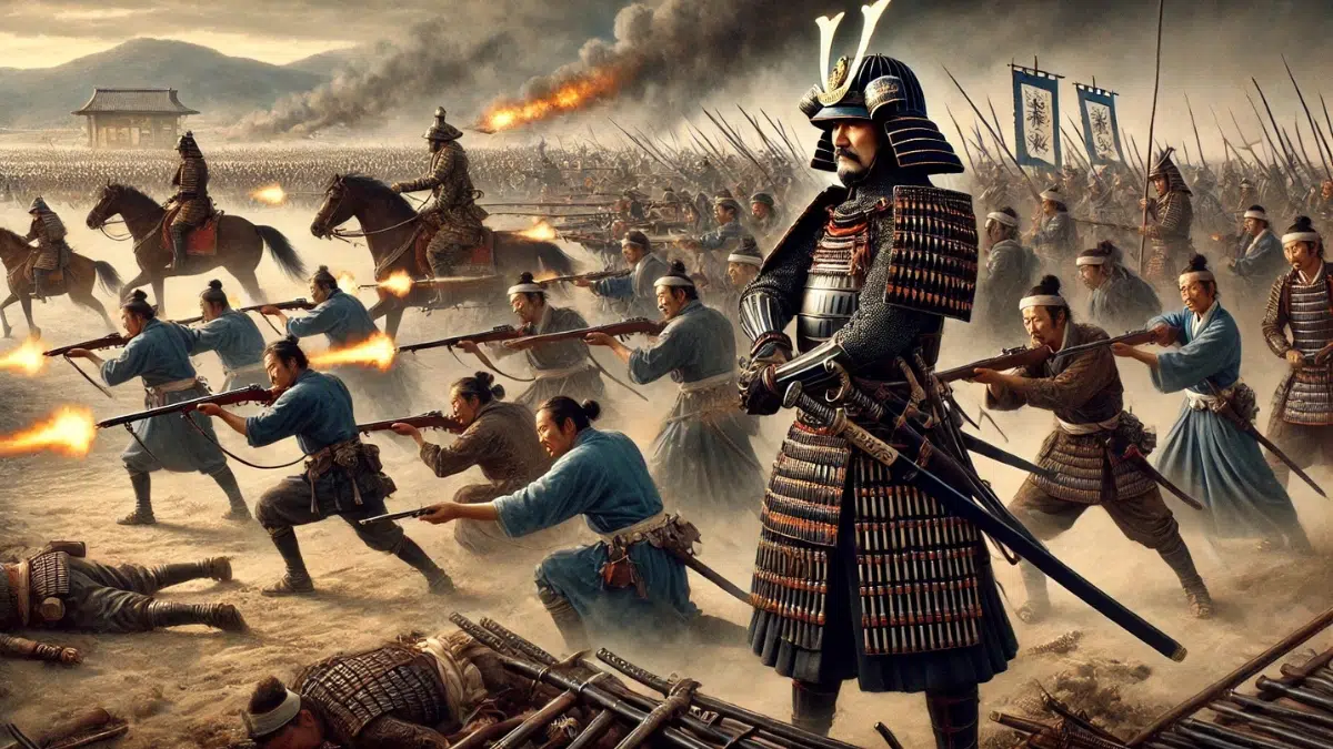 dramatic and historically inspired scene showing Oda Nobunaga leading his samurai army equipped with European matchlock guns during a 16th-century battle. The soldiers are organized in disciplined gun squads, firing in coordinated volleys against traditional sword-wielding samurai. Nobunaga stands in the foreground in full samurai armour, overseeing the battle with a confident and commanding presence
