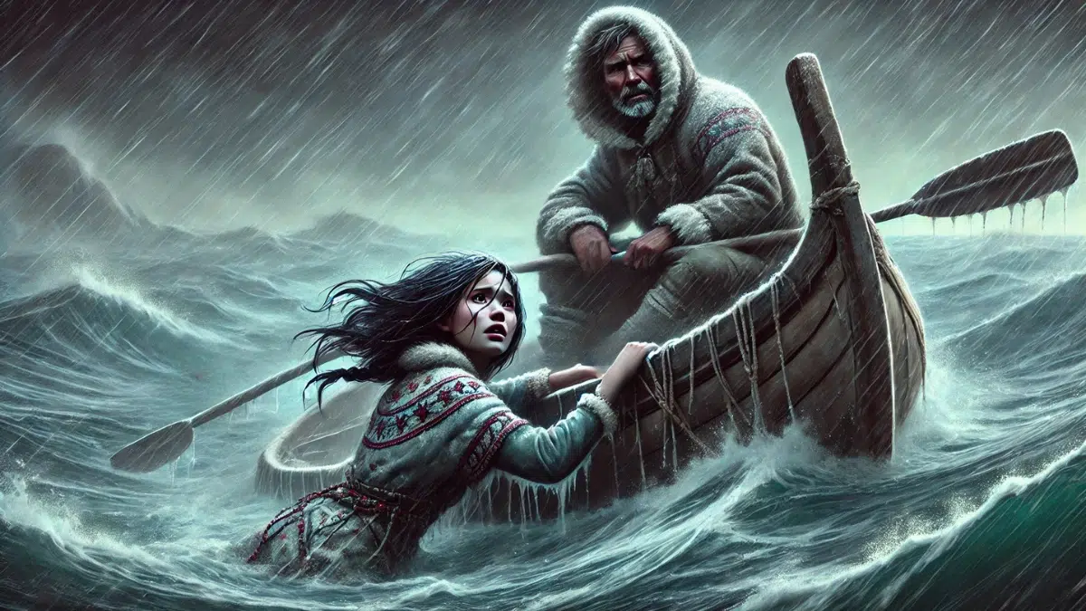 Sedna, an Indigenous Inuit young woman, hanging onto the edge of a kayak during a storm in the Arctic. She is in the water, partially submerged, with her hands gripping the side of the kayak desperately. Her father, dressed in traditional Inuit attire, sits in the kayak looking away, not helping her. The stormy sky, rough waves, and cool muted colors like deep blues and greys create a powerful sense of danger, isolation, and tragedy