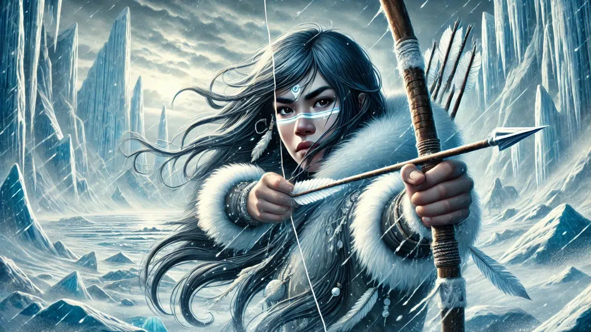 the Inuit mythological figure Sedna as a powerful indigenous archer in an icy landscape. Sedna has long, dark hair flowing in the cold wind, a strong, determined expression, and is centered with her bow drawn and arrow ready to strike. Her features reflect her indigenous heritage