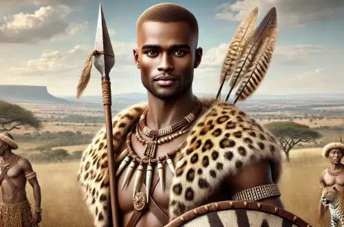 Shaka Zulu, the legendary Zulu king and warrior, depicted clean-shaven with no beard. He stands confidently in traditional Zulu attire, including a leopard skin cloak, feathered headpiece, and holding a spear and shield. The background shows an African landscape with open plains and distant hills under a clear sky