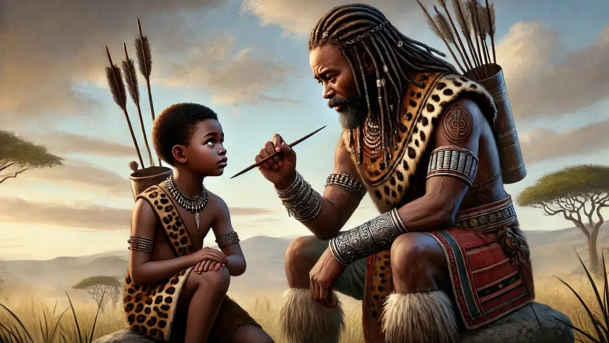Dingiswayo mentoring a young Shaka Zulu, teaching him about warfare, loyalty, and leadership. Show Dingiswayo as a wise and experienced Zulu elder, dressed in traditional attire, with a calm, focused expression as he instructs Shaka. Shaka, as a young boy, listens attentively, also in traditional attire