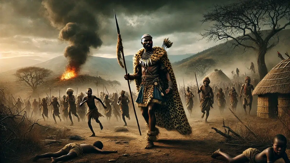 Shaka Zulu's military campaigns, known as the 'mfecane' (crushing), showing Zulu warriors advancing through a disrupted landscape. Villagers flee in the background as smoke rises from affected villages. Shaka Zulu, in traditional attire with a leopard skin cloak and spear, stands in the foreground leading his warriors with determination