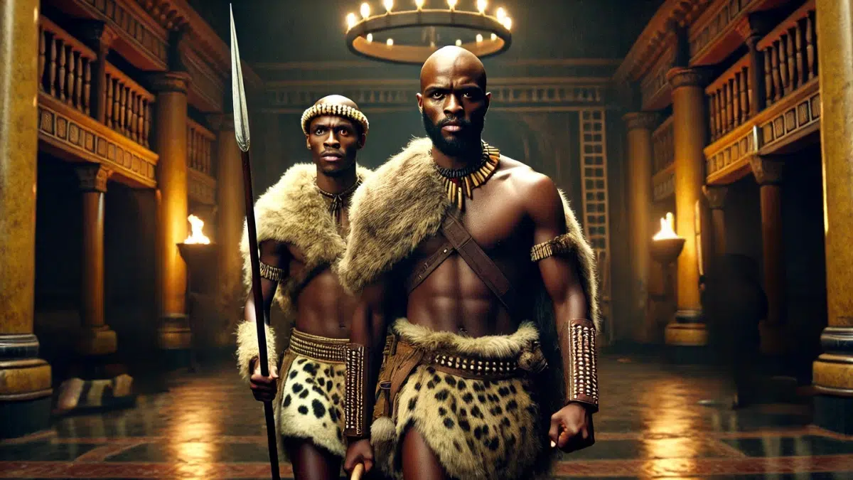 Dingane and Mhlangana, Shaka Zulu's half-brothers, as the only two people entering the royal palace, carrying spears and preparing to confront Shaka. Show them in traditional Zulu attire with clear, determined expressions, and no other figures present