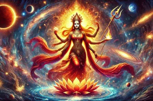 Shakti, the primal energy in Hindu mythology, radiating divine light and cosmic energy. Shakti is portrayed as a vibrant and graceful goddess, with glowing skin and flowing garments in shades of red and gold, symbolizing energy and strength. She stands amidst a swirling cosmic backdrop filled with stars, galaxies, and light, emphasizing her role in creation, preservation, and transformation