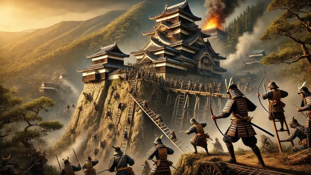 A dramatic and historically inspired scene depicting the Siege of Inabayama Castle in 1567 during the Sengoku period. The steep, rocky hilltop castle is under attack by Oda Nobunaga's forces. Soldiers are scaling the hillside with ropes and ladders while samurai archers and matchlock gunners provide covering fire