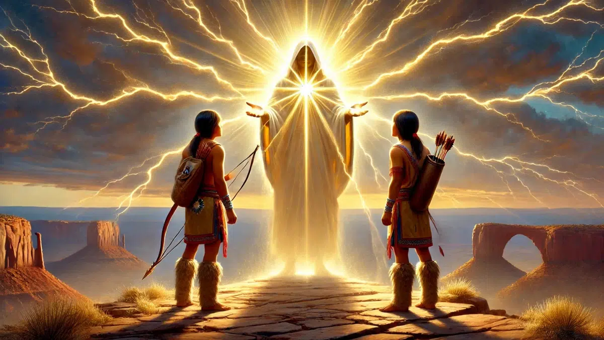 the Navajo Hero Twins meeting their father, the Sun God, to obtain powerful weapons. The Sun God appears as a majestic figure radiating bright light, standing before the twins in a vast desert landscape under a glowing sky. The Hero Twins, dressed in traditional attire, look up at their father with determination and awe