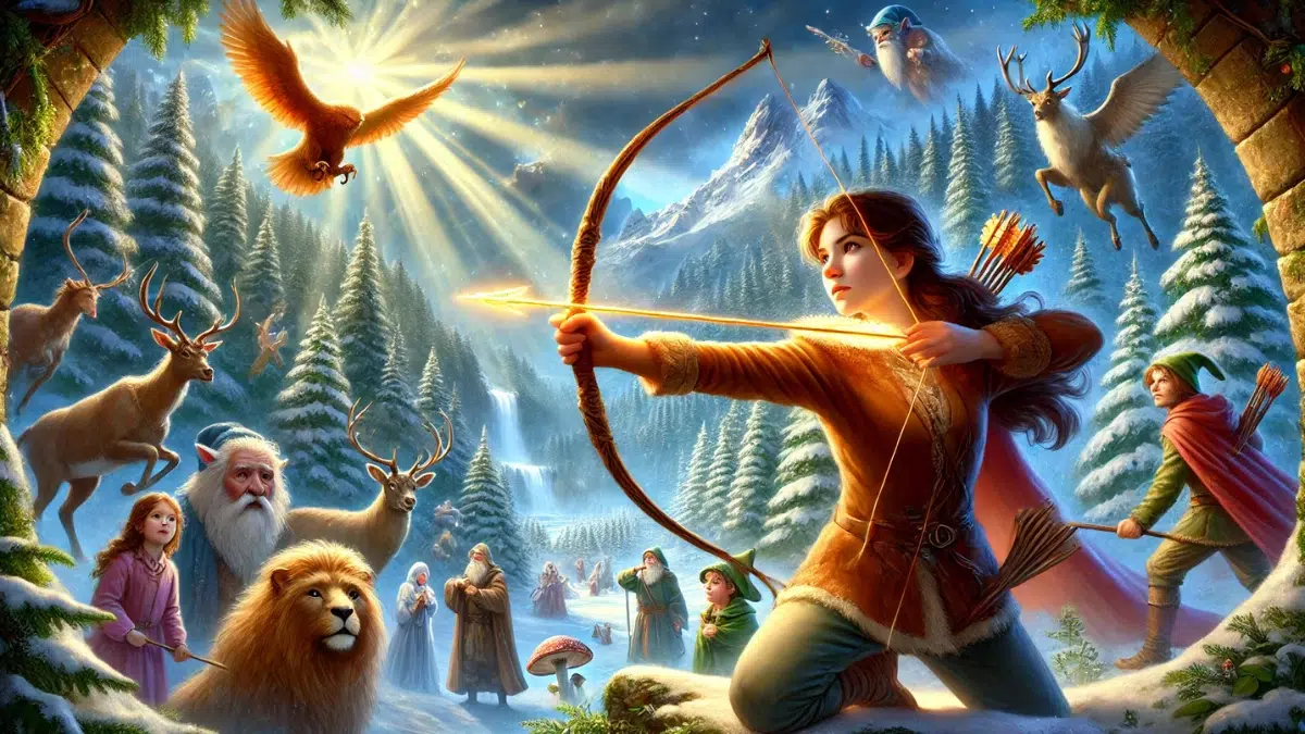 A fantasy scene inspired by 'The Chronicles of Narnia: Prince Caspian' by C.S. Lewis. It features Susan Pevensie, a young girl with a magical bow and arrows, standing heroically in the middle of an epic adventure. She is surrounded by talking animals, including a regal lion and brave beavers, as well as mythical creatures like centaurs and fauns. The setting is a lush, enchanted forest bathed in golden light, with magical energy glowing around the bow
