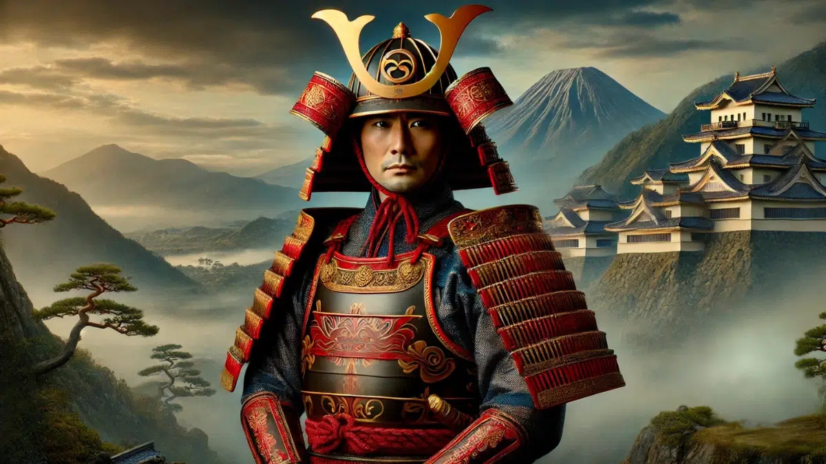 portrait of Takeda Shingen, a renowned samurai and daimyo from 16th-century Japan. He stands confidently wearing ornate traditional samurai armour with vibrant red and gold details, symbolizing his leadership and the power of the Takeda clan