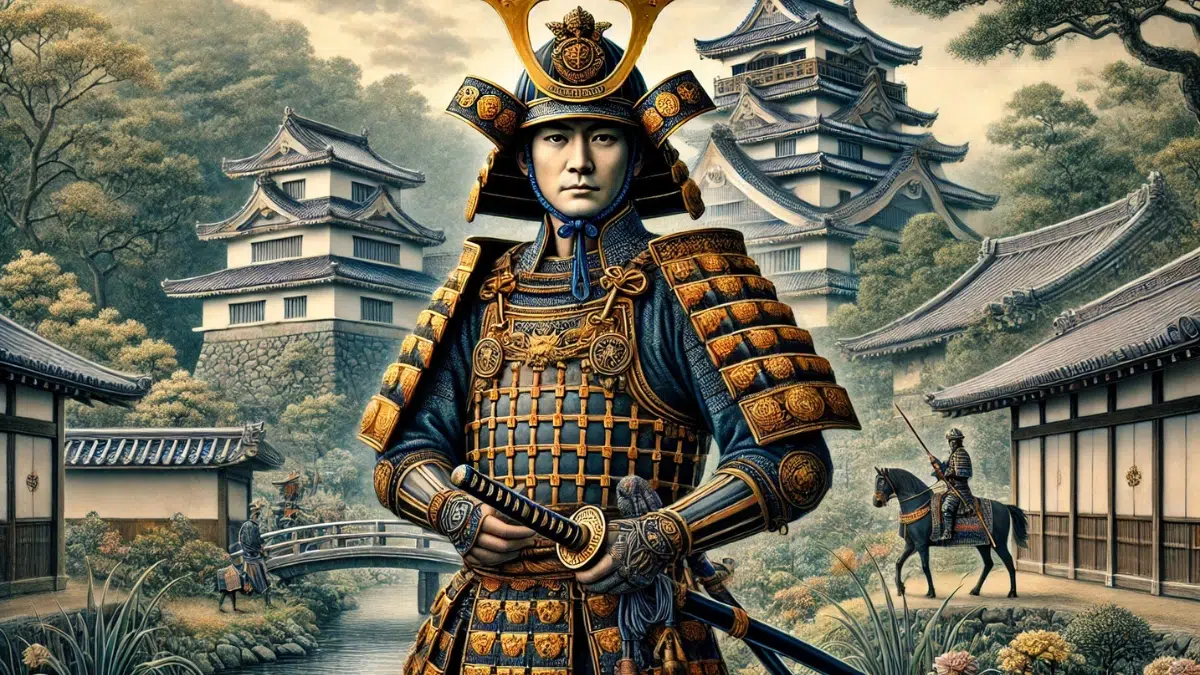 A detailed and historically inspired portrait of Tokugawa Ieyasu, a prominent samurai and shogun in 16th-century Japan. Ieyasu is depicted wearing traditional samurai armour with intricate details, including a kabuto helmet adorned with golden crests, symbolizing his authority. He stands confidently, holding a katana at his side, against the backdrop of a Japanese castle surrounded by serene gardens