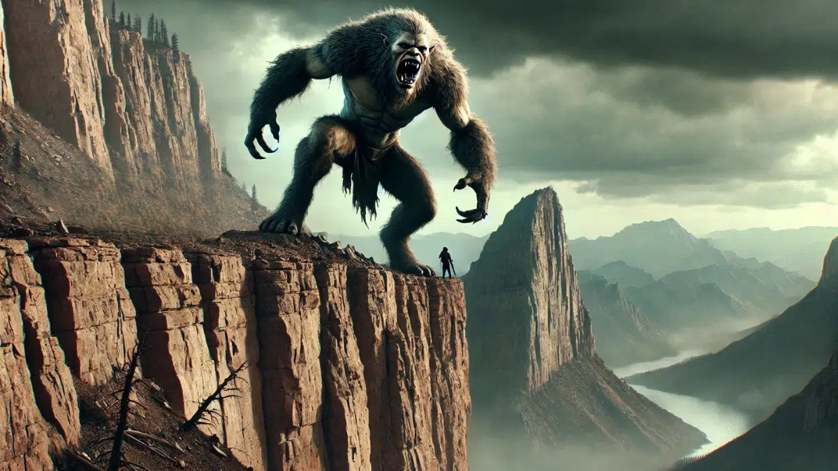 Tsé Nináhálééh (Monster Who Kicks People Down the Cliff), a menacing creature from Navajo mythology. The monster stands at the edge of a high cliff, with a fierce expression and a stance that suggests readiness to push someone over. The scene is set in a rugged, mountainous landscape under a stormy sky, adding a sense of danger and unpredictability