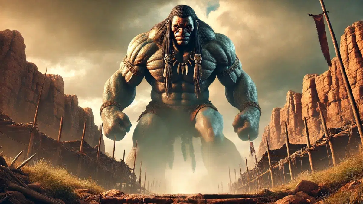 Yé’iitsoh (Big Monster), a massive and powerful creature in Navajo mythology and is depicted as a towering, muscular figure with an intimidating expression, emphasizing his immense strength and brute force