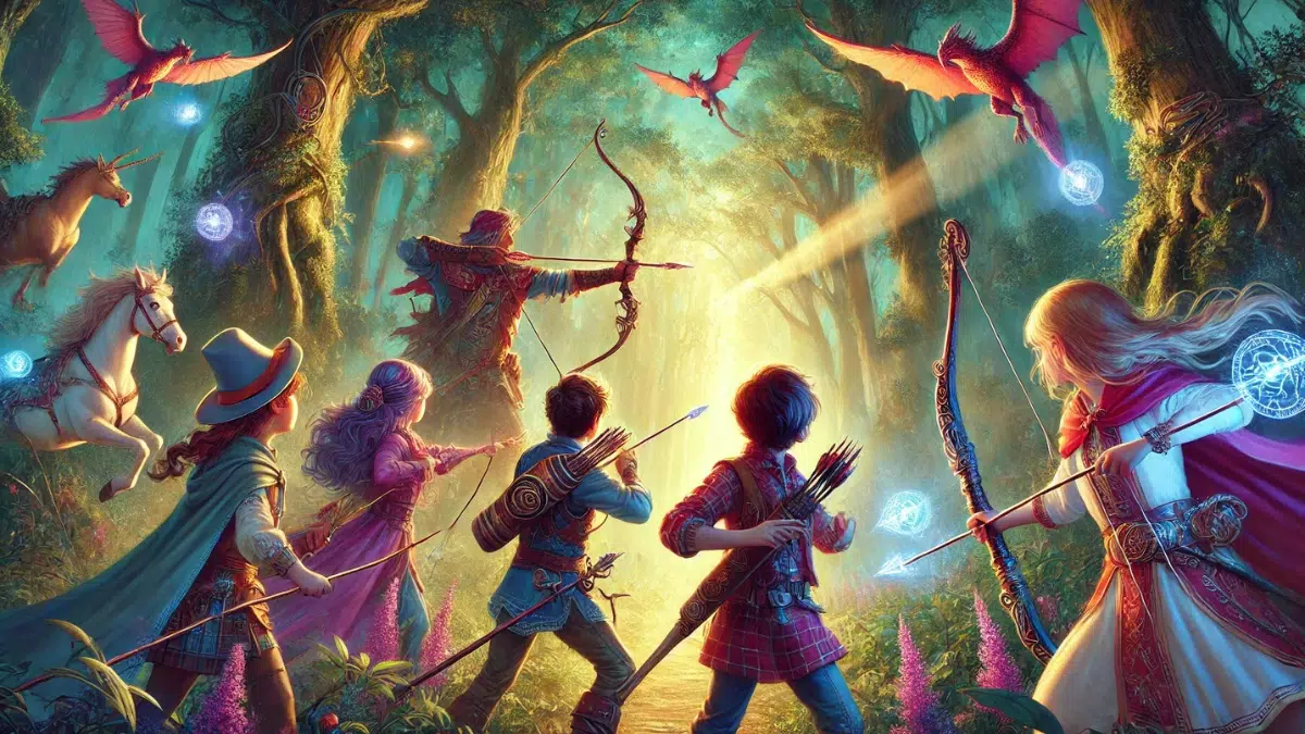A group of young archers journeying through a fantastical forest, their arrows glowing with magical energy as they prepare to face a fearsome enemy. The archers are dressed in colorful, medieval-style clothing, and their bows are adorned with intricate carvings and gemstones. The forest is filled with mystical creatures, like unicorns and dragons, watching from the trees.