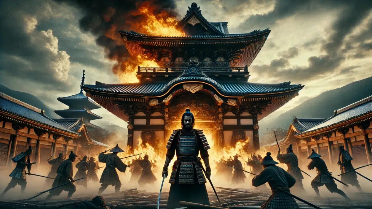 scene showing the betrayal and death of Oda Nobunaga in 1582 at the Honnoji Temple in Kyoto. The temple is engulfed in flames, with smoke rising into the sky. Nobunaga, in traditional samurai armour, stands in the centre of the chaos, holding his sword with a defiant expression as enemies approach