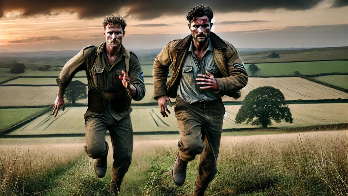 John "Mad Jack" Churchill and a fellow RAF officer escaping through the countryside after their tunnel escape from captivity, their hands and faces have smudges of dirt, and they are running across an open field with distant trees under a twilight sky