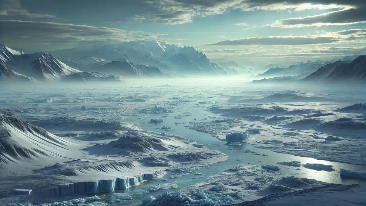 a vast, empty Arctic tundra stretching to the horizon, with occasional frozen rivers and snowdrifts. The sky is a pale blue-grey, with the sun hidden behind thick clouds, casting a soft, diffused light over the landscape. In the distance, a range of icy mountains looms, majestic and seemingly unreachable. The air is cold and clear, with frost and crystal-clear ice formations covering the ground