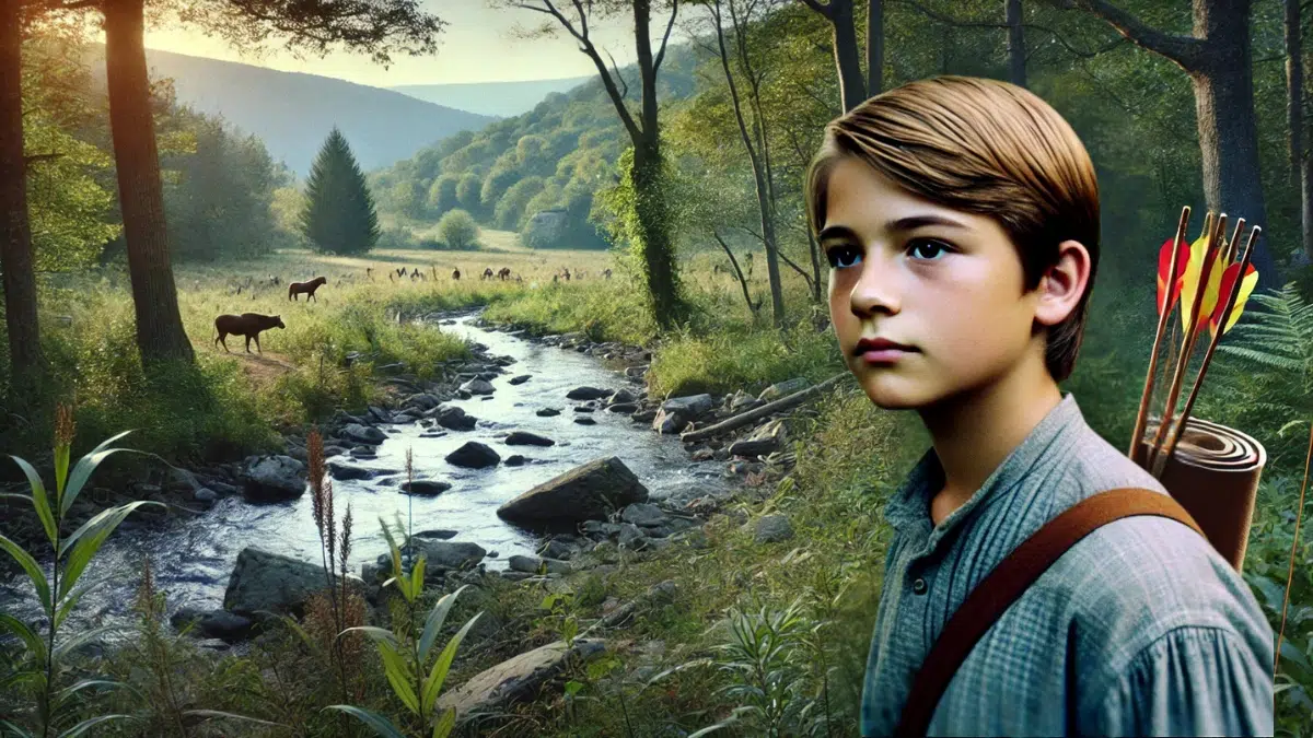 a young Fred Bear in his early years, exploring the beautiful natural surroundings of Waynesboro, Pennsylvania. The scene shows a young boy wandering through a forested area, with a gentle river and open fields nearby. The atmosphere is peaceful, with Fred looking curious and inspired by the wilderness around him