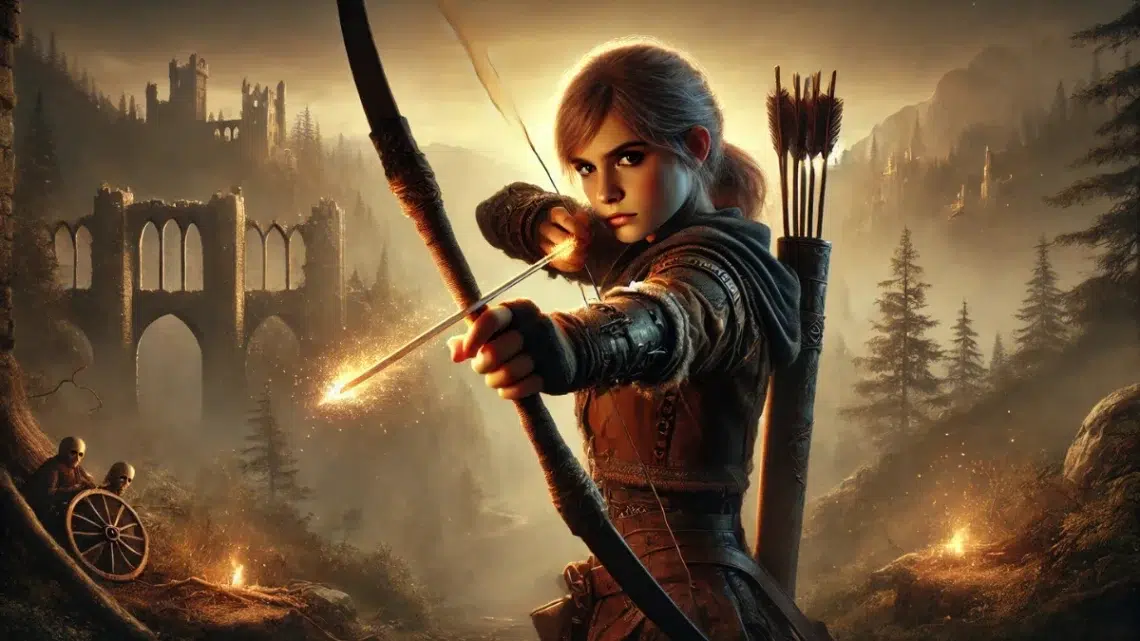 A fantasy depiction of a determined and independent young girl practicing archery in a rugged, medieval-inspired landscape. She stands with a bow in hand, her arrows glowing faintly with magical energy. Her fierce expression reflects her focus and resilience. The setting includes a dense forest and distant castle ruins, with soft golden light breaking through the clouds.