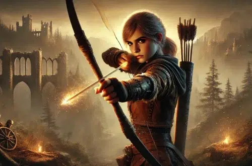 A fantasy depiction of a determined and independent young girl practicing archery in a rugged, medieval-inspired landscape. She stands with a bow in hand, her arrows glowing faintly with magical energy. Her fierce expression reflects her focus and resilience. The setting includes a dense forest and distant castle ruins, with soft golden light breaking through the clouds.