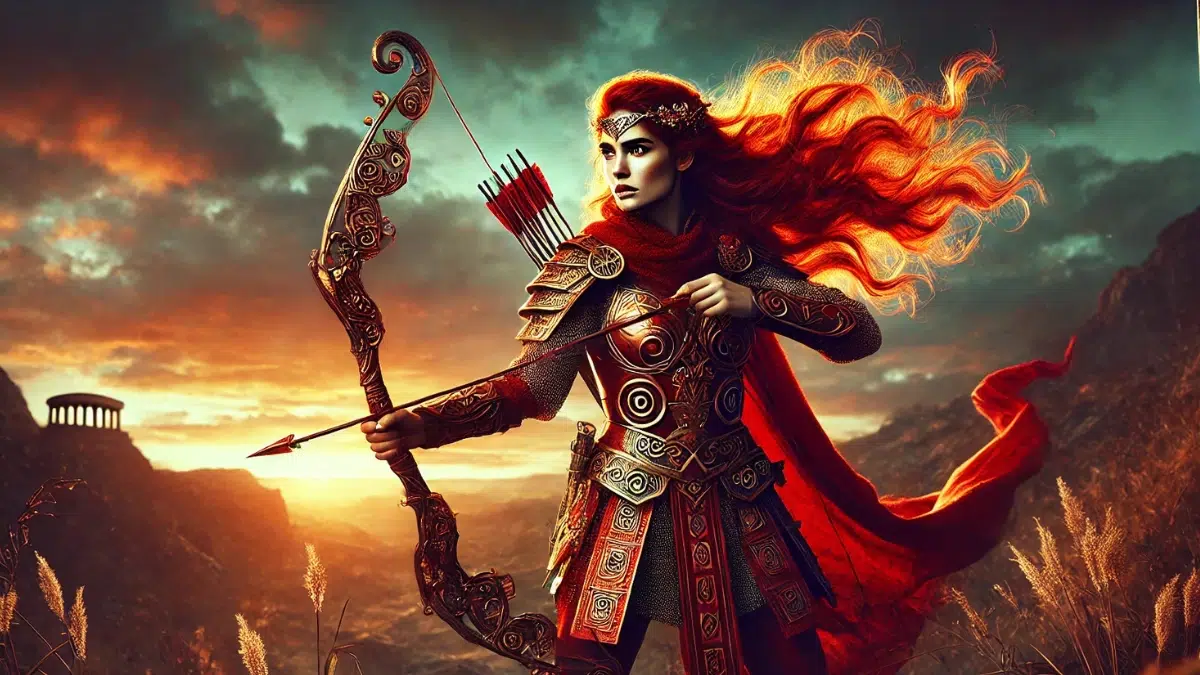 A fierce and independent Amazon warrior inspired by Artemis stands poised on a windswept battlefield at sunset. She wears ornate red and gold armour with intricate Amazonian designs, reflecting her warrior heritage. Her long, fiery red hair flows dramatically in the wind as she holds a beautifully crafted bow, with a quiver of ornate arrows slung across her back, symbolizing her mastery as an archer