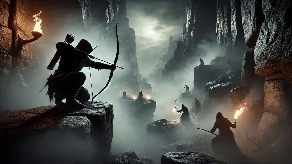 A dramatic fantasy scene of a shadowy figure crouched on a rocky ledge, aiming a bow at unsuspecting enemies below in a foggy canyon. The archer is partially hidden by shadows, blending seamlessly with the environment. The enemies carry torches, their flickering light casting eerie shadows across the rocky terrain