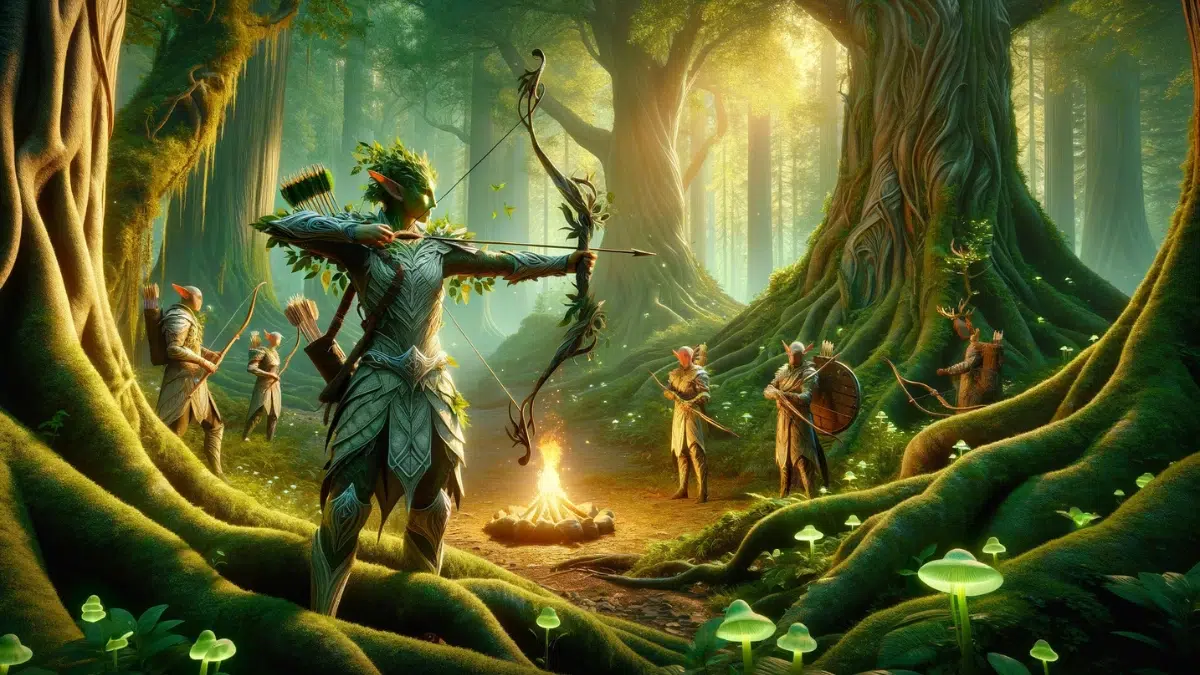 A mystical fantasy forest scene featuring a group of Bosmer (Wood Elves), masters of archery and harmony with nature. The elves are dressed in light, intricately designed leather armour adorned with leaves and vines, blending seamlessly with the lush surroundings. One Bosmer stands poised with a finely crafted bow, an arrow nocked and ready, while others gather around a glowing campfire beneath towering, ancient trees