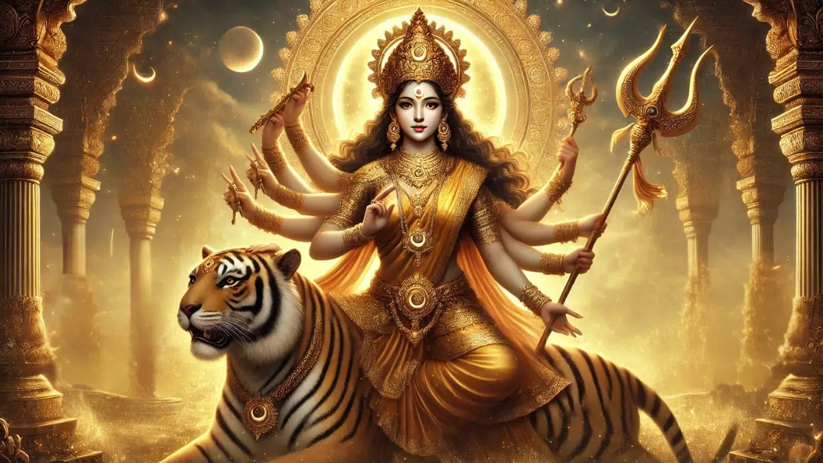Chandraghanta, the third form of Navadurga, symbolizing courage and strength. She is shown with a golden complexion, adorned with a crescent moon on her forehead and wearing ornate golden armour. Chandraghanta is seated majestically on a tiger, holding weapons like a trident, sword, and bow in her hands, while maintaining a calm and serene expression