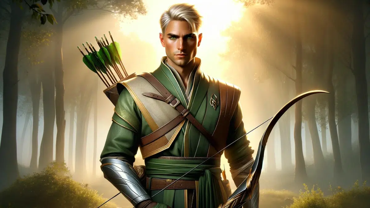 A noble and disciplined archer, inspired by Connor Hawke, stands confidently in a serene yet heroic setting. He has short bleached blond hair and wears a green eye mask. He wears a modern green and gold outfit with sleek, minimalist armour that reflects his martial arts background and spiritual focus. In one hand, he holds a finely crafted bow, with a quiver of arrows slung over his back. His calm, focused expression exudes wisdom and determination