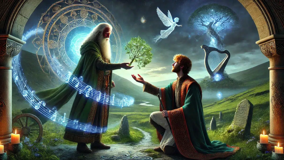 Cormac mac Airt receiving a magical branch glowing faintly, from a mysterious stranger, the Dagda, set against a mystical Irish landscape. Cormac, dressed in regal Irish attire, gazes at it in wonder