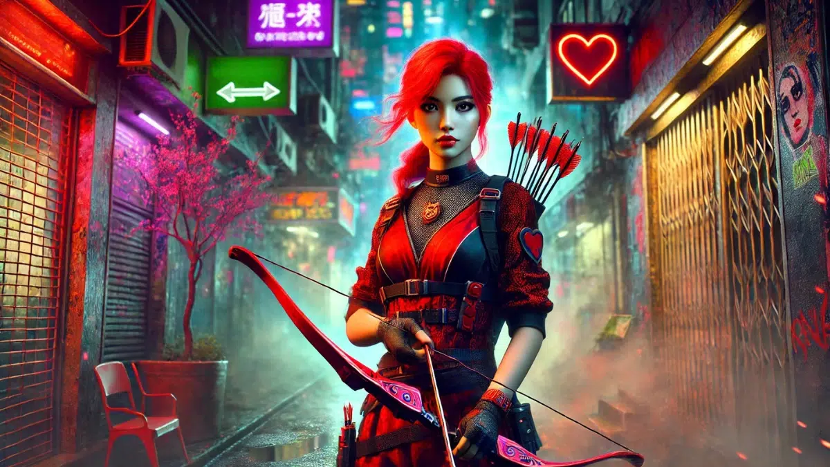 A captivating female archer with vibrant red hair stands confidently in a chaotic urban alley illuminated by flickering neon lights. She wears a red and black outfit with heart-shaped accents, blending tactical gear with a touch of romance. Her expression is intense and slightly unhinged, reflecting her dangerous and unpredictable nature. In one hand, she holds a sleek, modern bow, and a quiver of heart-tipped arrows rests on her back