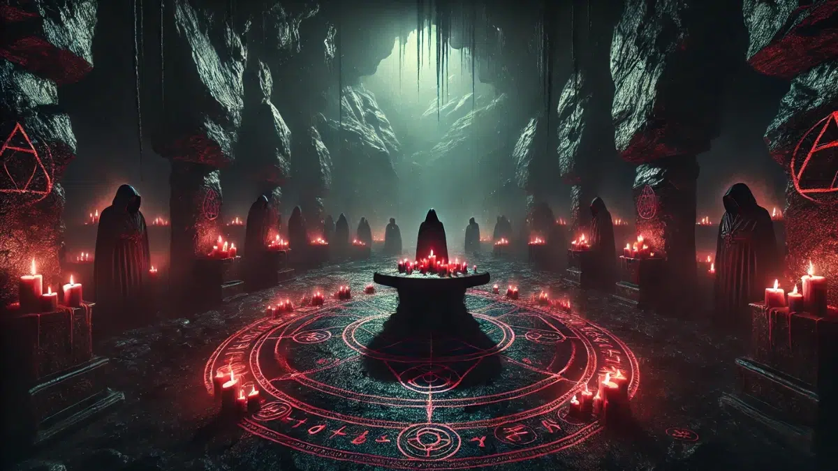 A shadowy and foreboding underground sanctuary hidden deep within a rocky cave. The scene features a central ritual table surrounded by flickering red candles, casting eerie shadows on the damp stone walls. The floor is marked with intricate runes glowing faintly in crimson light, hinting at a dark and mysterious purpose. Dark, hooded figures stand silently in the background, their faces obscured, exuding an air of secrecy and menace.