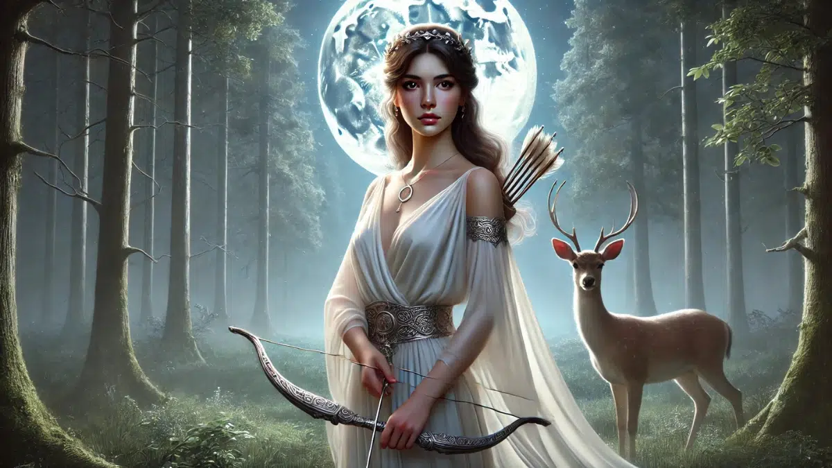 Diana, the Roman goddess of the hunt, the moon, and childbirth. Diana stands in a serene forest bathed in moonlight, with a silver bow in her hand and a quiver of arrows slung across her back. She wears a flowing white tunic, accented with silver details