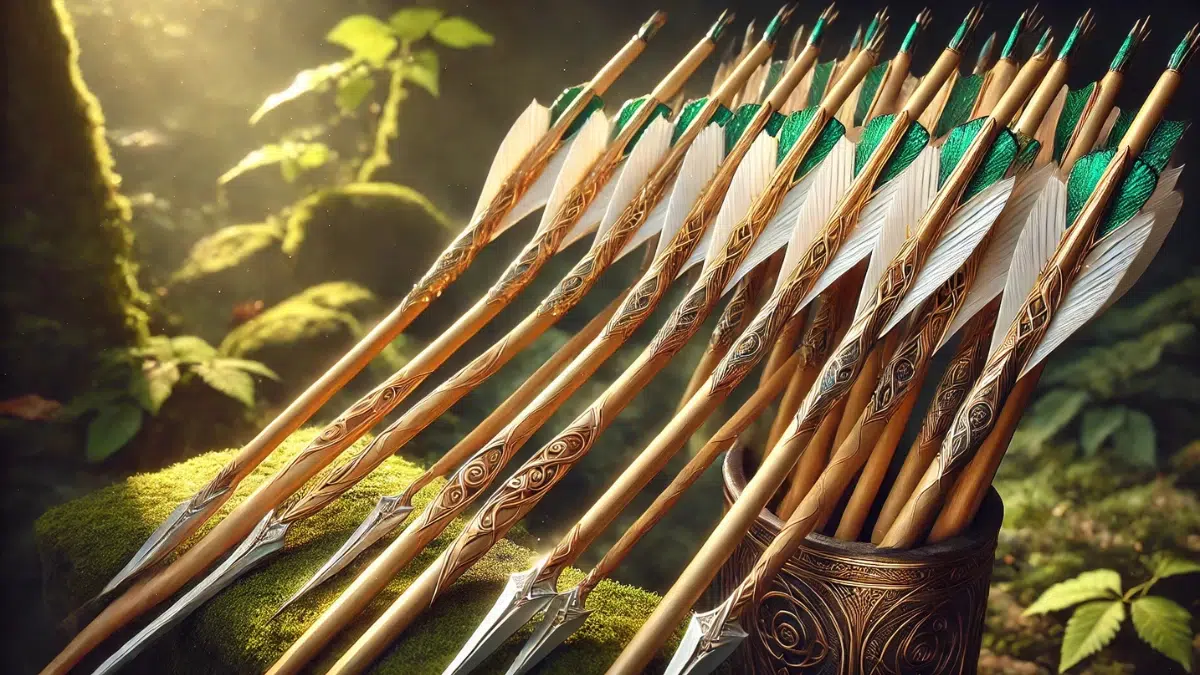 A set of elegant and finely crafted arrows designed by masterful elven artisans. The sleek shafts are made of soft golden wood, polished and perfectly straight, with tips of gleaming silver shaped into razor-sharp arrowheads. Intricate, delicate engravings run along the shafts, glowing faintly with an otherworldly green hue. The fletching features vibrant white and gold feathers, symmetrically arranged for maximum precision