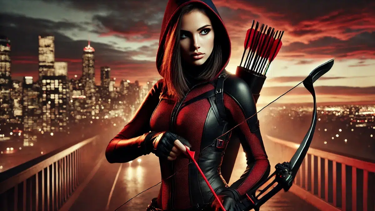 A fierce and independent female archer stands poised in a dramatic urban setting at dusk. She wears a modern red and black outfit that blends the stealth of an assassin with the boldness of a vigilante. Her expression is determined and resilient as she holds a finely crafted bow, with a quiver of arrows slung over her back. The background features a glowing city skyline with vibrant lights and a sunset sky, symbolizing her transition from a conflicted past to a heroic present