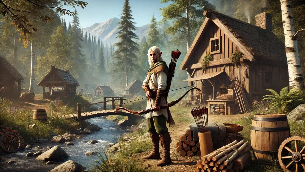 A serene fantasy village scene featuring a humble wood elf archer standing in a quiet forest village. The elf is dressed in simple, practical attire with a quiver of arrows slung over his shoulder and a finely crafted bow resting in his hands. He stands near a small wooden cabin surrounded by stacks of freshly chopped firewood. A bubbling brook winds through the village, with a wooden bridge crossing over it and distant mountains rising against a clear, blue sky