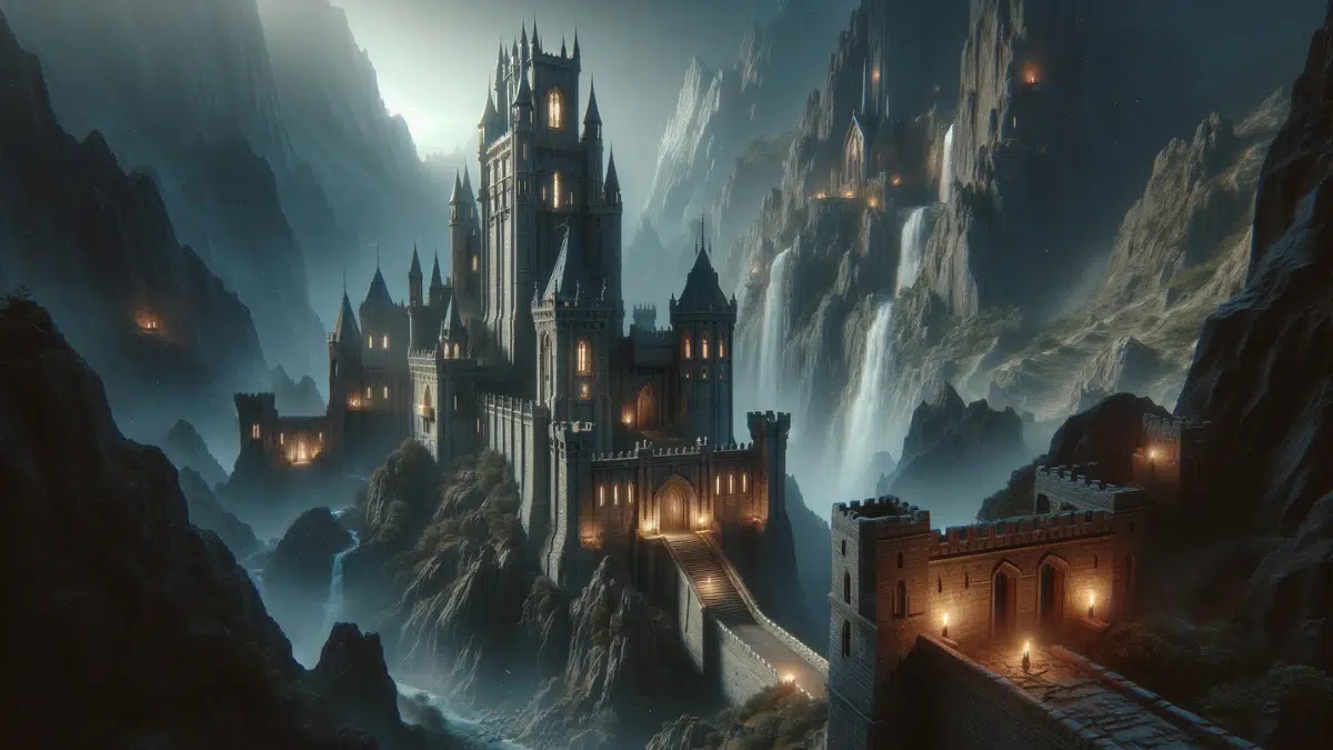 A majestic, fortified castle set in a dramatic fantasy landscape. The structure is built into the side of a towering mountain, with steep cliffs and cascading waterfalls surrounding it. The castle features tall stone walls, pointed towers, and glowing windows that hint at life within. A winding path leads up to the castle gates, shrouded in mist and lit by flickering torches