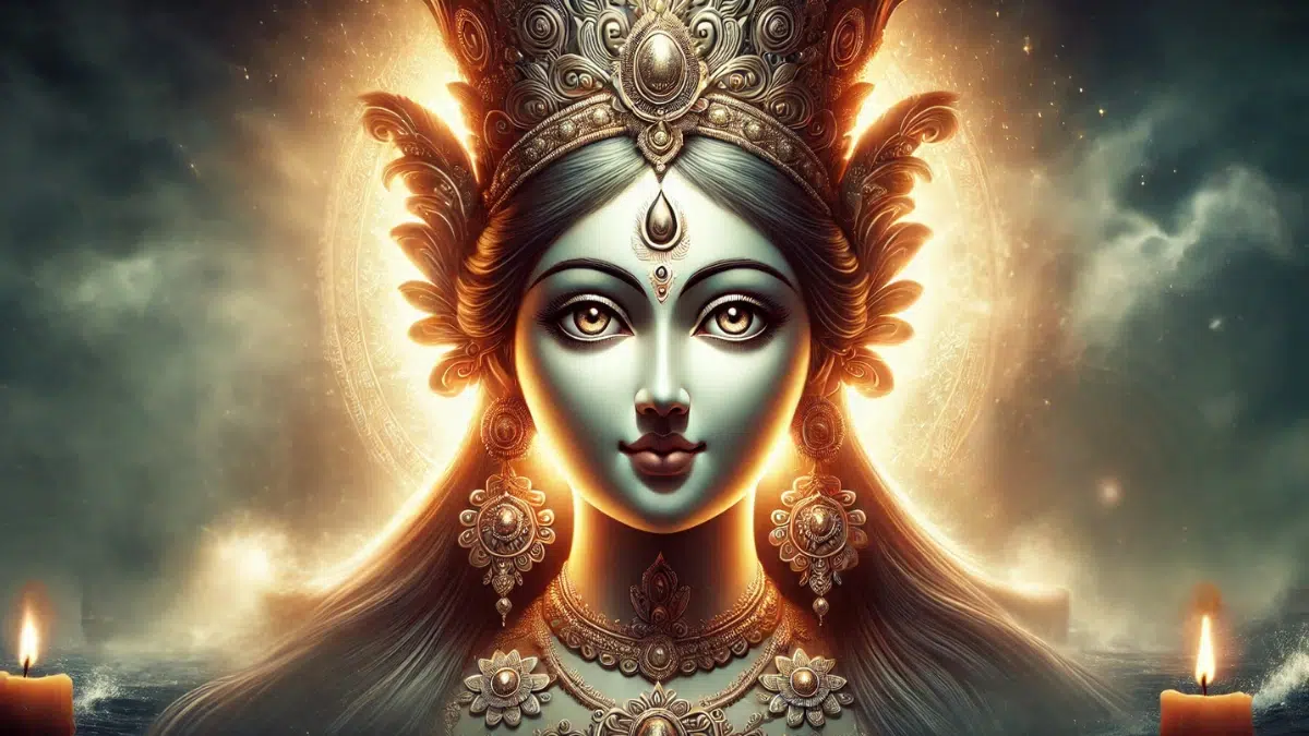 Goddess Durga, focusing on her glowing and serene face during battle. Her expression exudes calmness, balance, and inner peace, even amidst chaos. Her striking appearance features a radiant aura, intricate jewellery, and a crown symbolizing her divine power