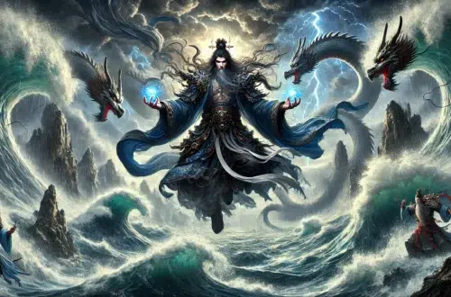Gonggong is shown as a commanding figure standing amidst raging waters and towering waves. His appearance includes a dragon-like tail, symbolizing his connection to water and chaos. He wears flowing, dark blue robes that blend with the stormy waters around him. His expression is fierce and determined, embodying the destructive force of nature. The background features storm clouds, lightning, and swirling water