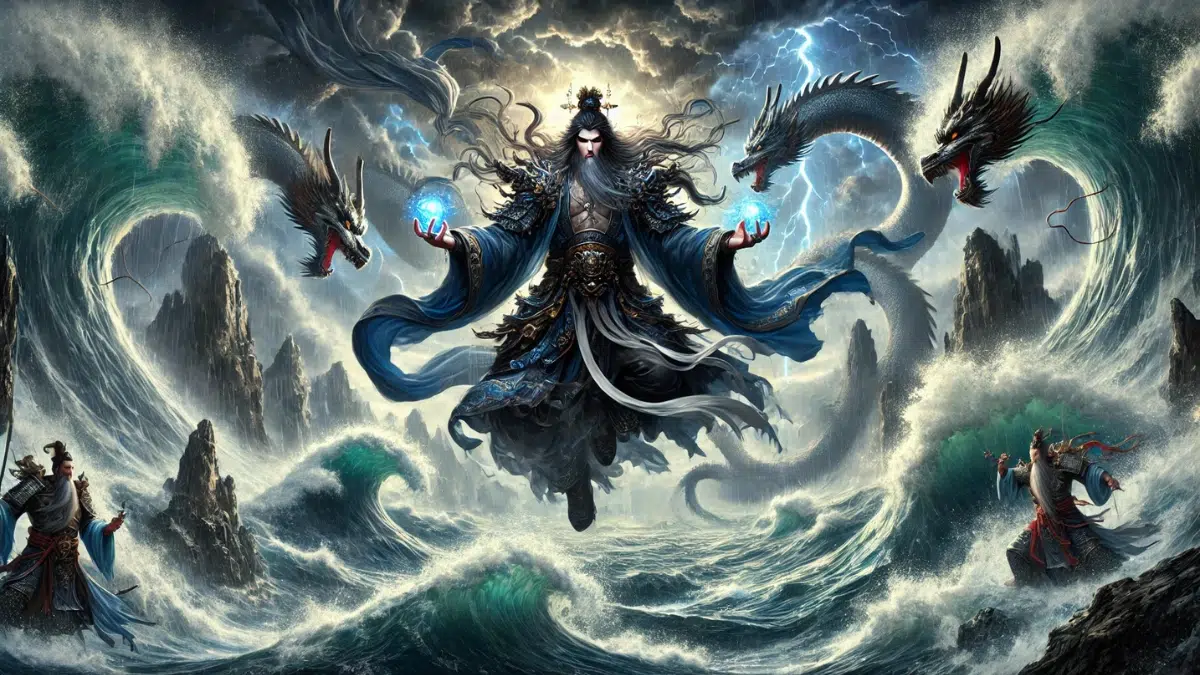 Gonggong is shown as a commanding figure standing amidst raging waters and towering waves. His appearance includes a dragon-like tail, symbolizing his connection to water and chaos. He wears flowing, dark blue robes that blend with the stormy waters around him. His expression is fierce and determined, embodying the destructive force of nature. The background features storm clouds, lightning, and swirling water