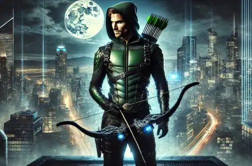 A mysterious vigilante archer stands on a high-tech city rooftop under the moonlit sky. He wears a sleek, modern green hooded outfit with armour details, a quiver of arrows on his back, and a futuristic bow in hand. His confident and determined expression reflects his transformation from a wealthy playboy to a defender of justice. The glowing urban skyline with towering skyscrapers and bustling streets below adds depth to the scene