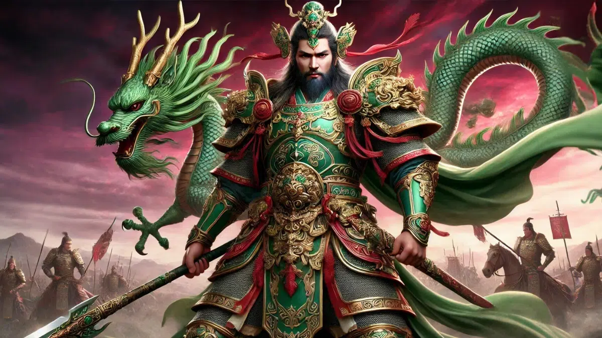 Guan Yu is standing tall and commanding, wearing ornate green armour with gold accents and holding the legendary Green Dragon Crescent Blade, his iconic weapon