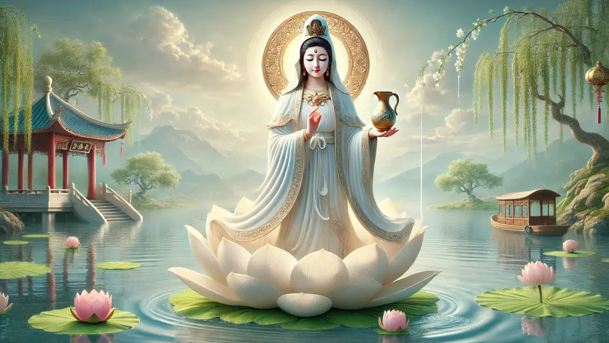 Guanyin is shown standing gracefully on a lotus flower floating on calm water. She wears flowing white robes with intricate gold accents, symbolizing purity and compassion. Her serene expression radiates kindness and peace. In one hand, she holds a vase pouring pure water, and in the other, a willow branch
