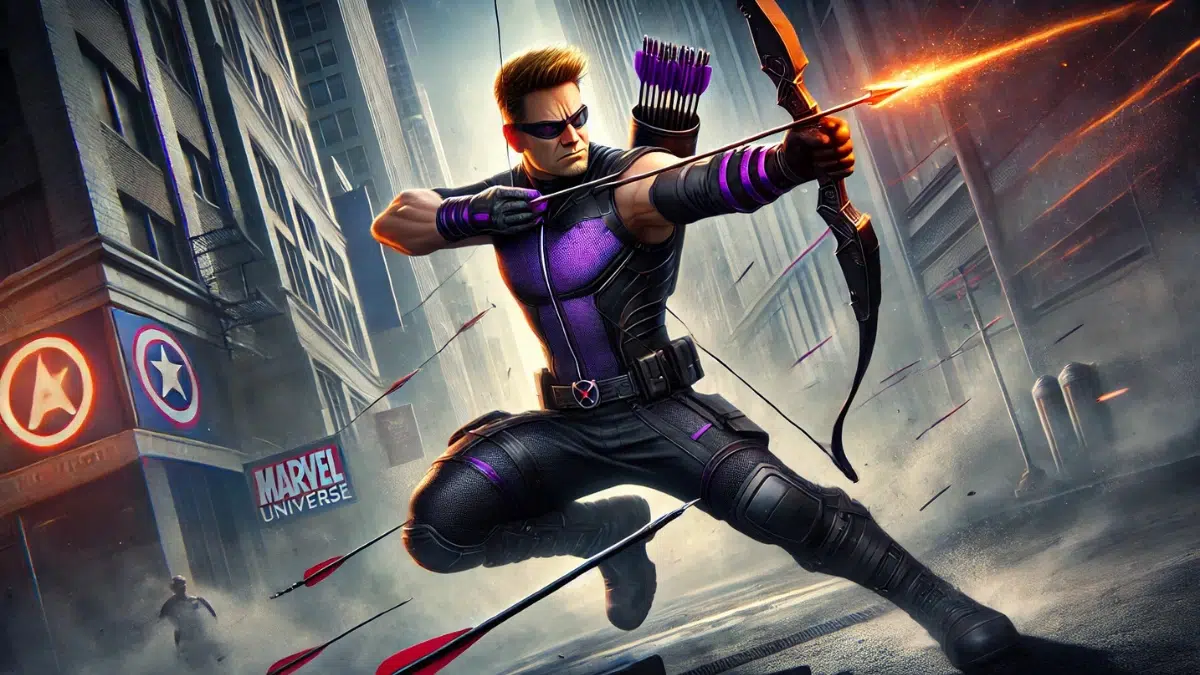 digital art image of Hawkeye, Marvel's top archer, showcasing his iconic bow and arrow in a heroic pose. He is wearing his classic costume with purple and black tones, set against a dramatic urban backdrop with subtle Marvel Universe references