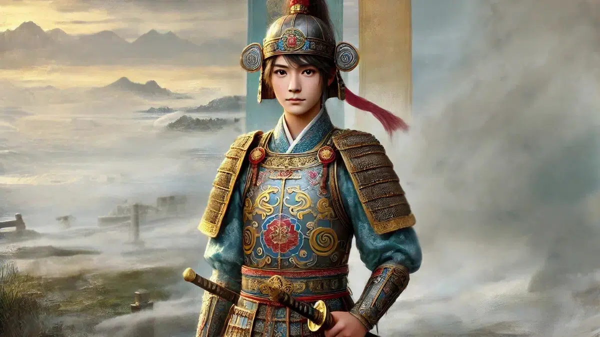 A 16-year-old legendary Chinese warrior from the 4th–6th Century CE, disguised as a man, standing confidently in traditional Chinese male military armour with intricate patterns reflecting ancient Chinese art. Her features appear more neutral to blend in as a male soldier, with her hair completely hidden under a soldier’s helmet