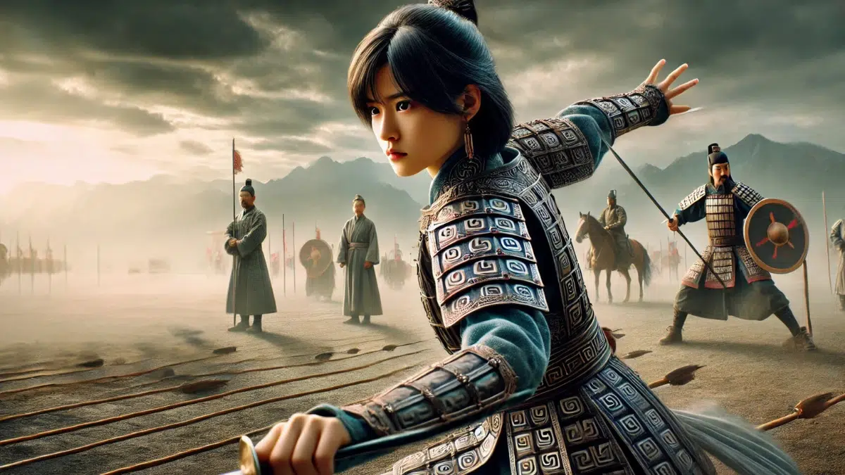 Mulan with short black hair dressed in traditional armour with intricate ancient Chinese patterns training in martial arts, practicing with swords and spears, surrounded by a historical training ground