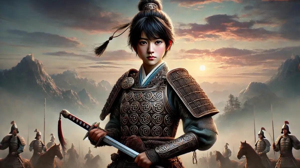 young Chinese girl, around 16 years old, with short black hair, portrayed as a legendary Chinese warrior from the Northern Wei Dynasty. She is dressed in traditional armour with intricate designs inspired by ancient Chinese patterns. She stands confidently on a battlefield, holding a sword in one hand