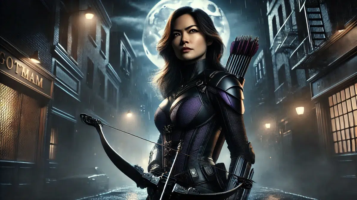 A determined female vigilante inspired by Helena Bertinelli, known as Huntress, stands boldly in the shadowy streets of Gotham City under a dimly lit moon. She wears a sleek black and purple outfit with detailed armour, combining elegance and practicality. She holds a finely crafted crossbow, emphasizing her precision and expertise. Her expression is fierce and resolute, reflecting her dedication to justice. The background features dark Gotham alleys