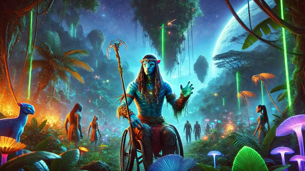 Jake Sully, a paraplegic marine, as he becomes part of the Na’vi on the alien world of Pandora. Jake, in his Na’vi avatar form, stands among the lush and bioluminescent forest of Pandora, surrounded by exotic plants and glowing creatures. He wears traditional Na’vi attire and holds a ceremonial staff, symbolizing his connection to the native species. In the background, other Na’vi are visible, living in harmony with nature, and the iconic floating mountains rise in the distance under a starry sky