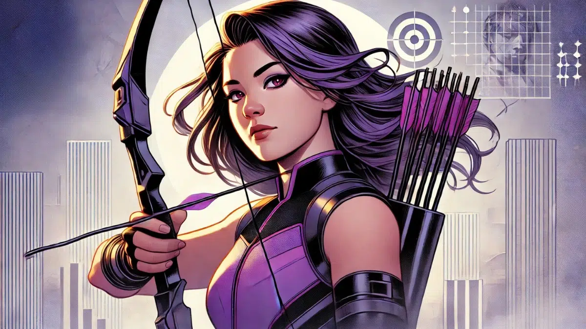 digital art image of Kate Bishop, the second Hawkeye, highlighting her role as a key figure in the Young Avengers. She is depicted holding her bow, with an arrow nocked, in a confident pose. Her costume features her signature purple and black design with modern elements.