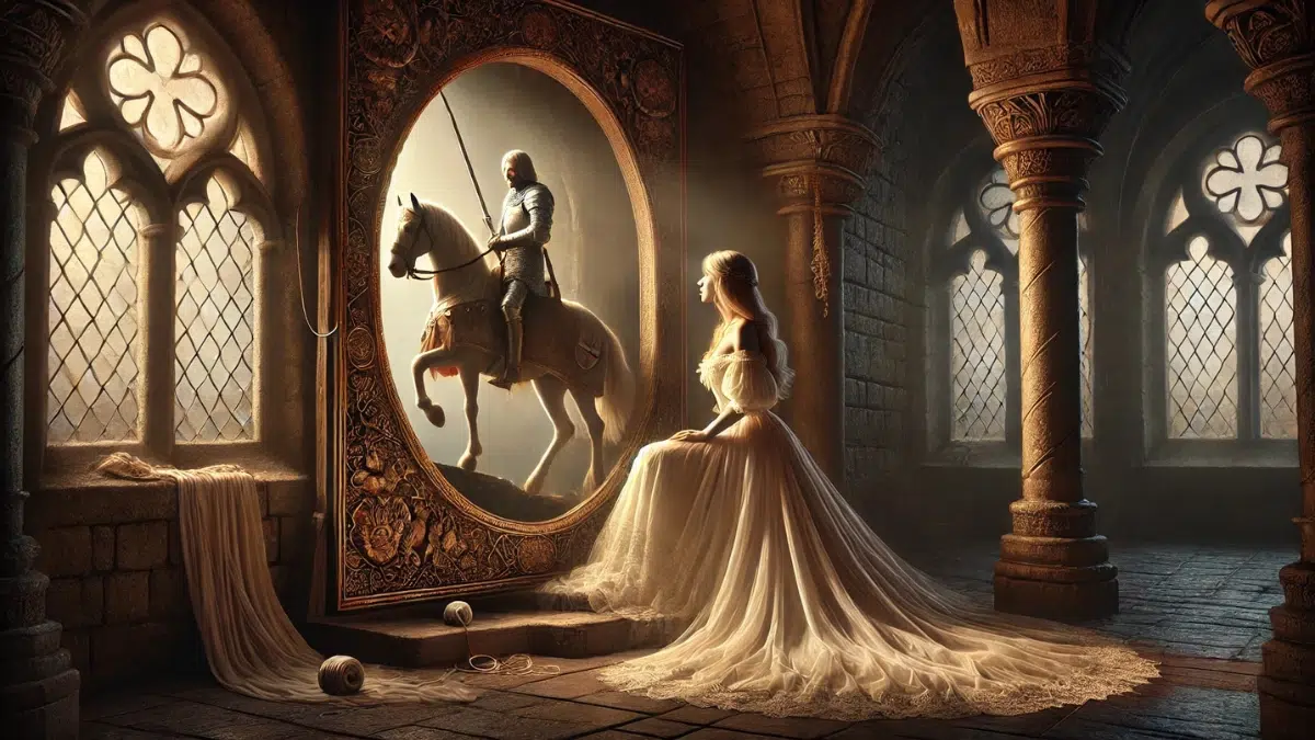 the Lady of Shalott from Arthurian legend. She is shown in her tower, sitting beside a large, enchanted mirror that reflects the outside world. In the mirror, Sir Lancelot is visible riding his horse in shining armour, illuminated by sunlight. The Lady of Shalott, dressed in a flowing white gown, looks at the mirror with a mix of longing and sorrow